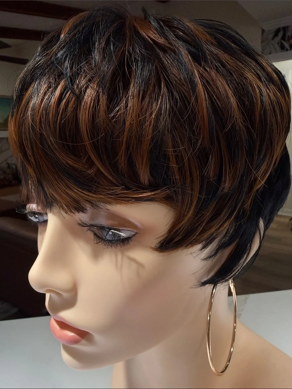 HAIR, Pixie Cut with Bangs, Black with Copper/Carmel highlights